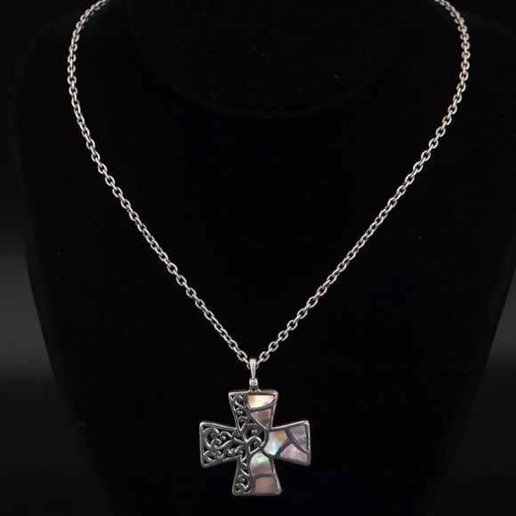 LOIS HILL Abalone Mosaic Inlay Yin Yang Baltic Cross & Sterling Silver Necklace - Picture 9 of 10